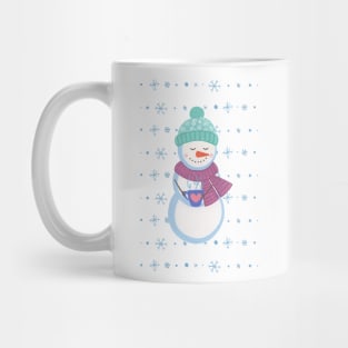 Snowman with coffee and snowflake background Mug
